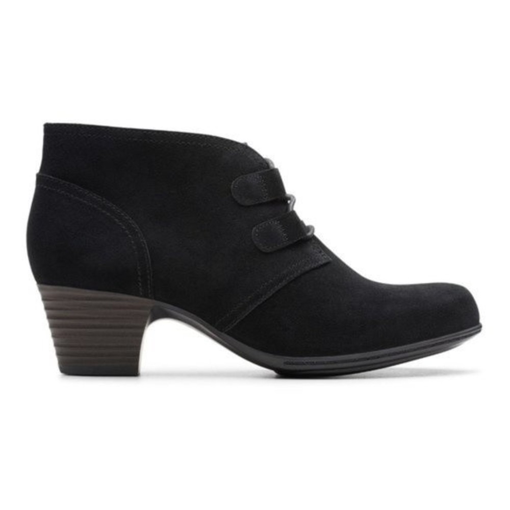 6W 6 WIDE WIDTH Clarks Womens Valarie Black Suede Leather Block Heel Boots Shoes